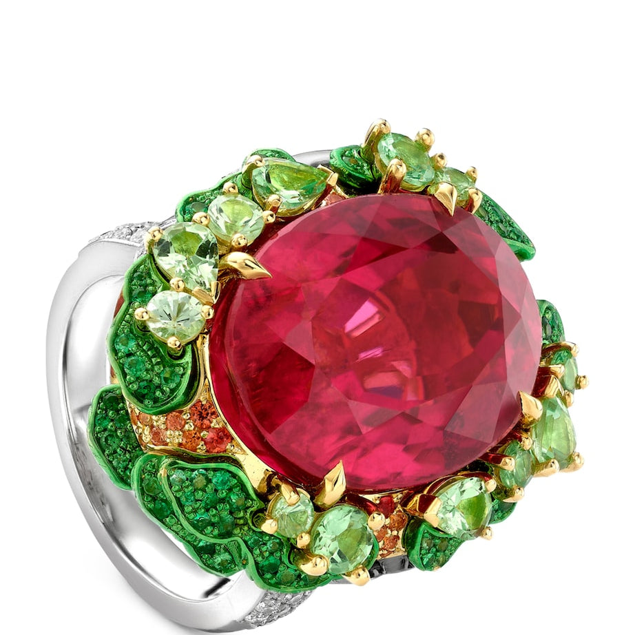 Yellow Gold, Diamond, Tourmaline, Sapphire and Tsavorite Sunset Inside Africa Ring