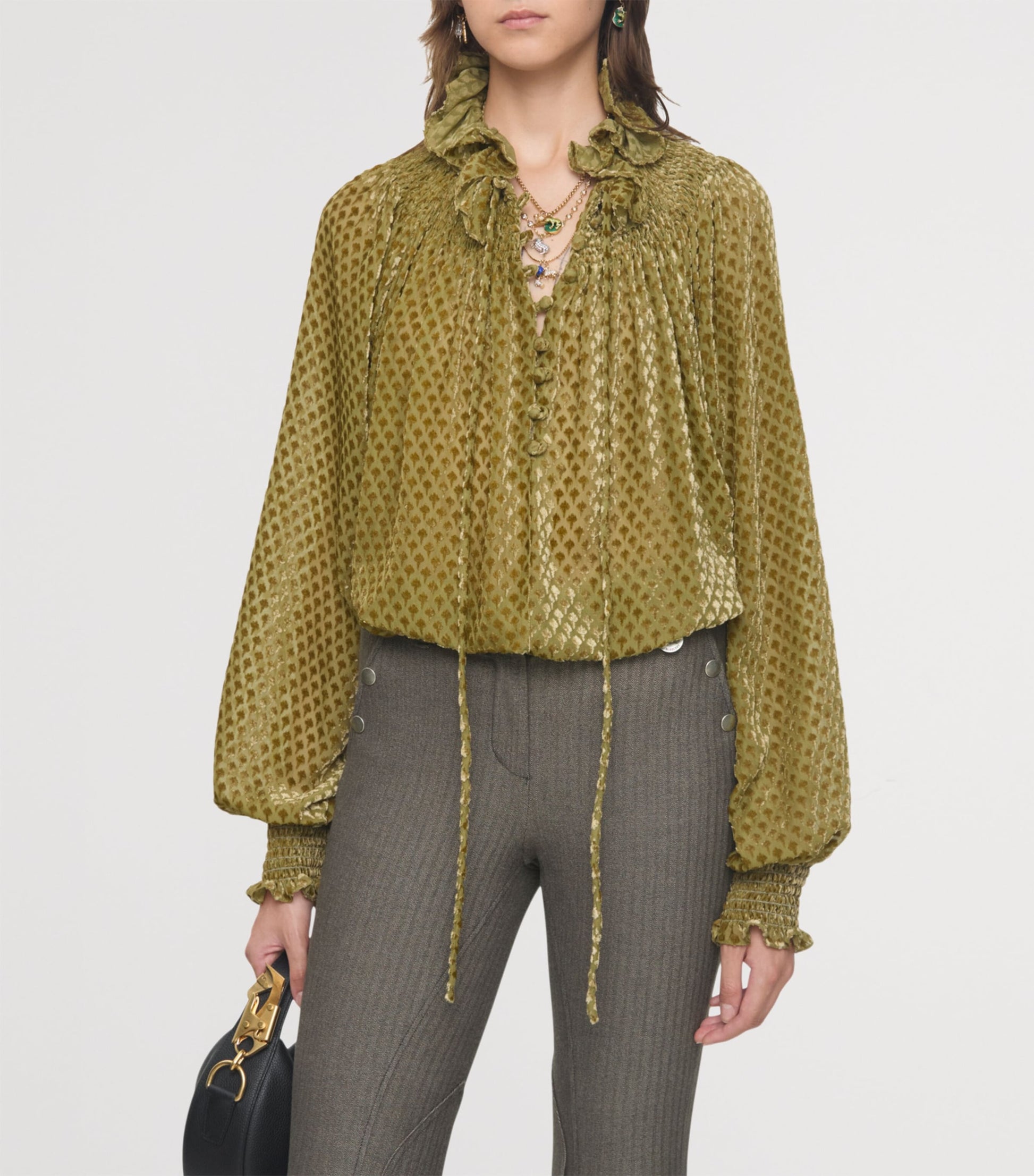 Green Silk-Blend Velvet Torch Blouse