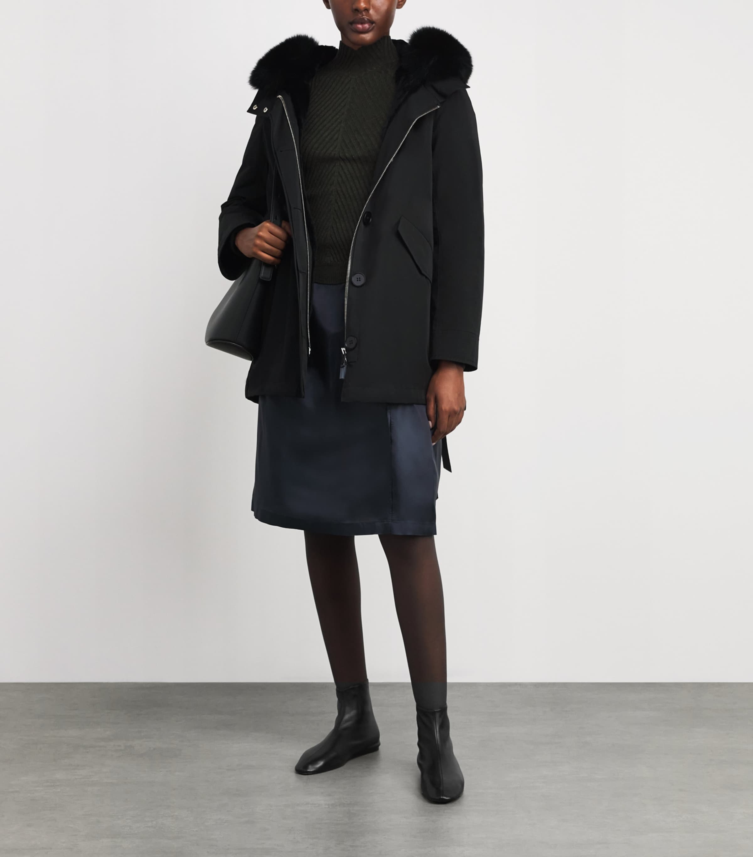 Yves Salomon Black Fox-Rabbit Blended-Cotton Parka (72cm)