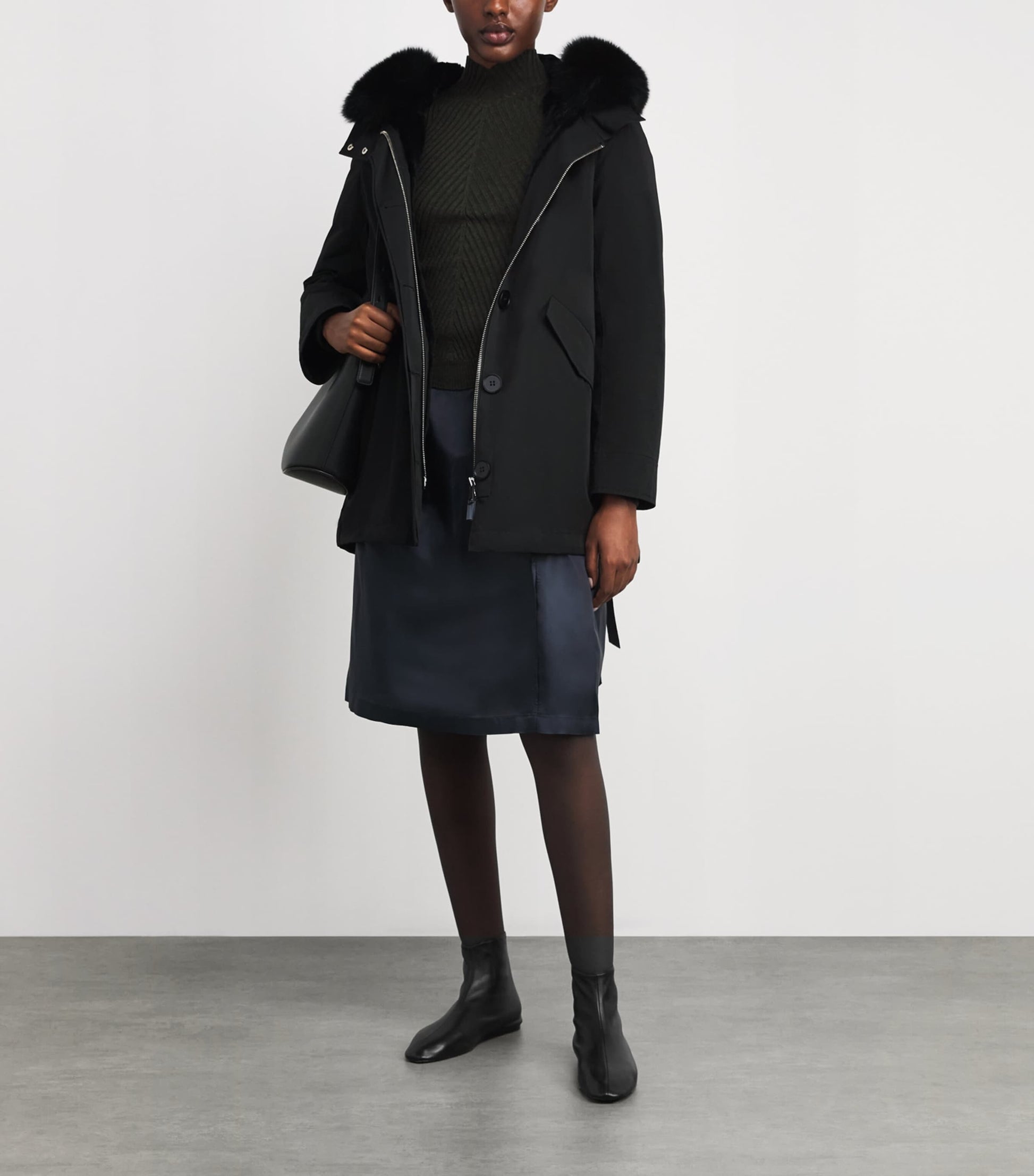 Yves Salomon Black Fox-Rabbit Blended-Cotton Parka (72cm)