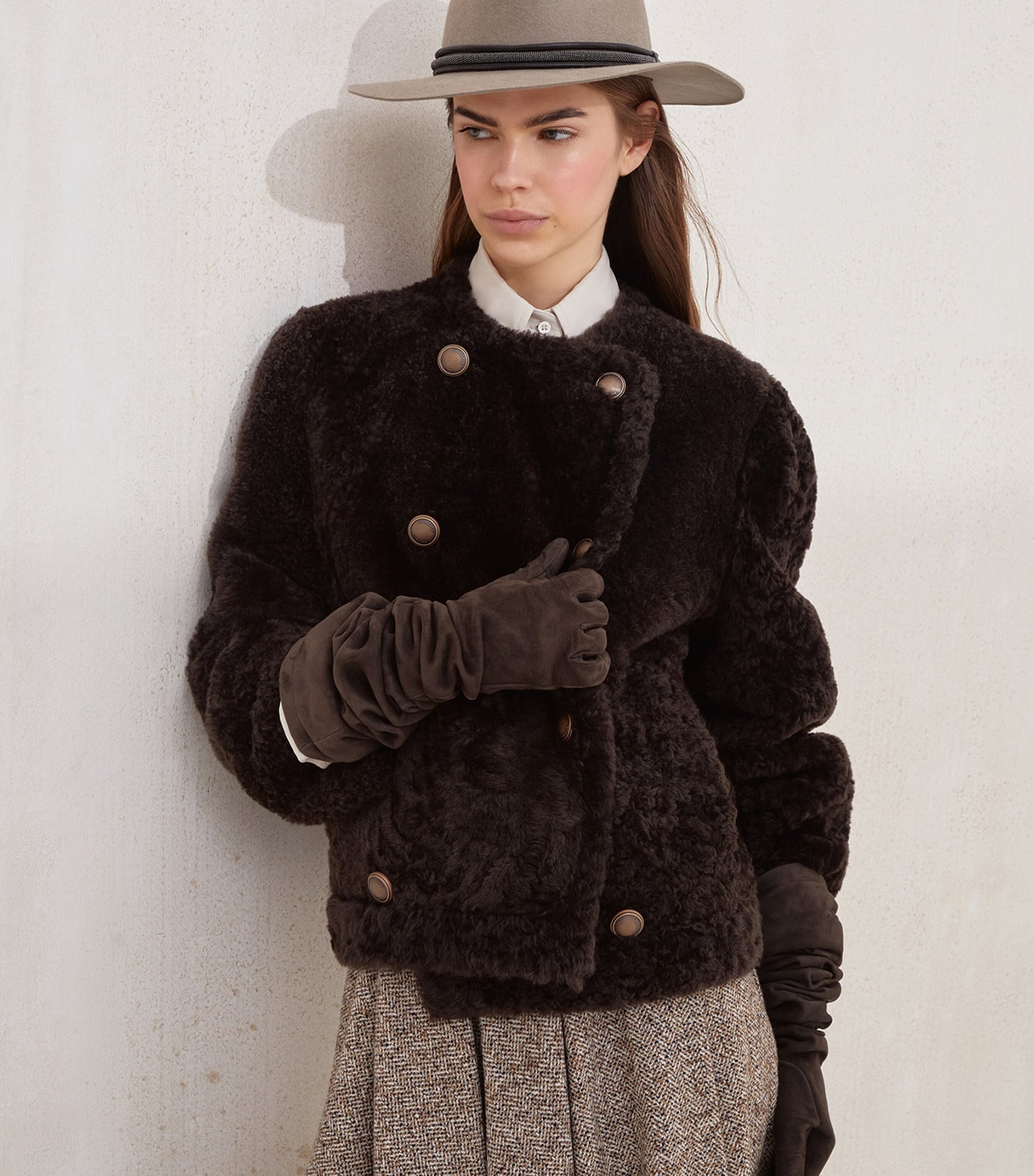 Brunello Cucinelli Brown Shearling-Leather Reversible Pea Coat