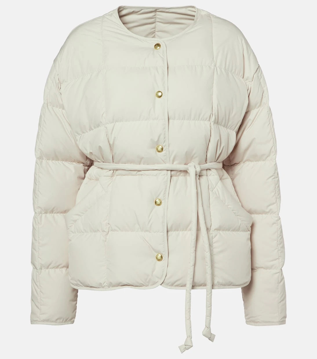 Moncler - Belted leather-trimmed down jacket