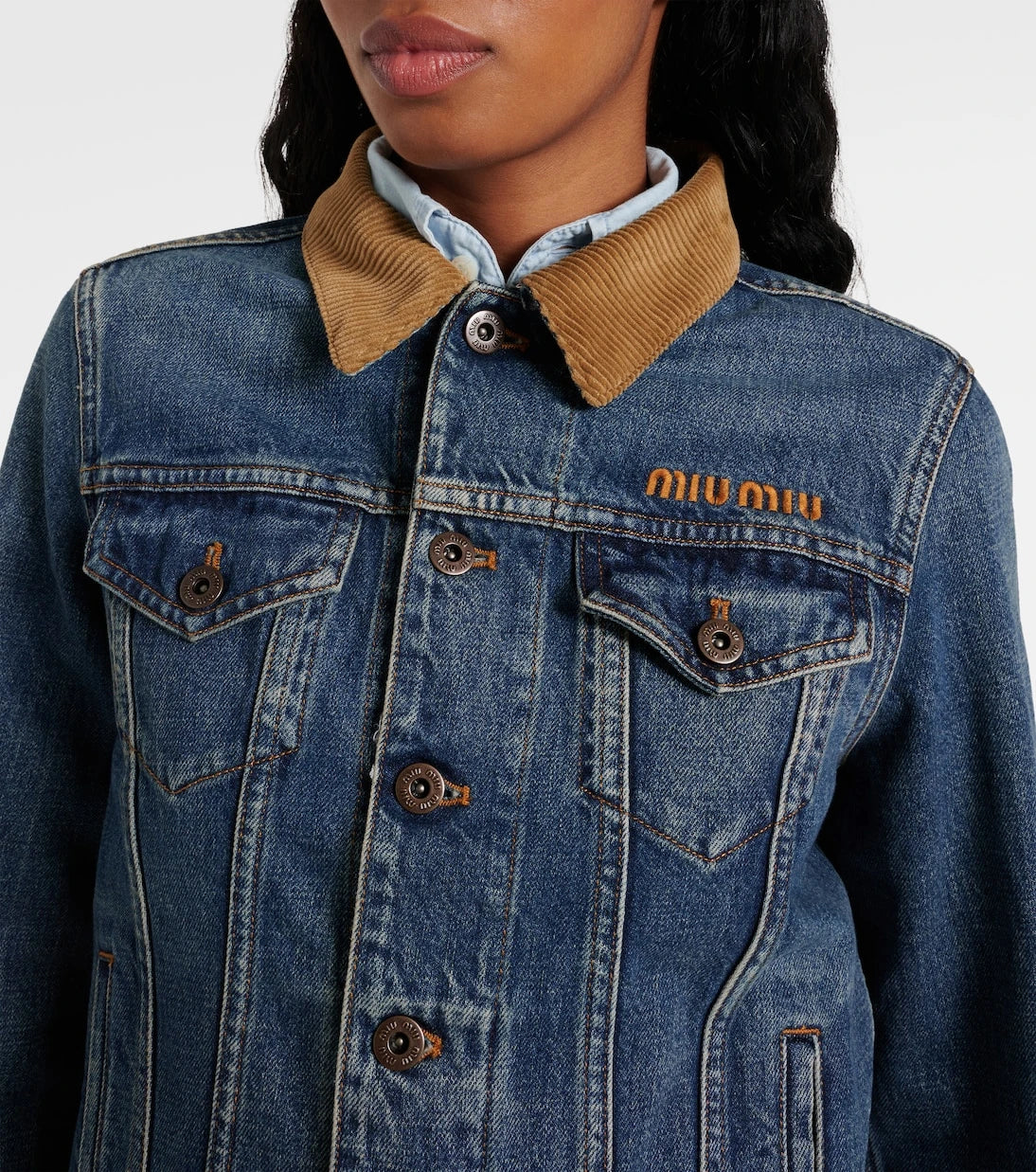 Miu Miu - Logo distressed corduroy-trimmed denim jacket