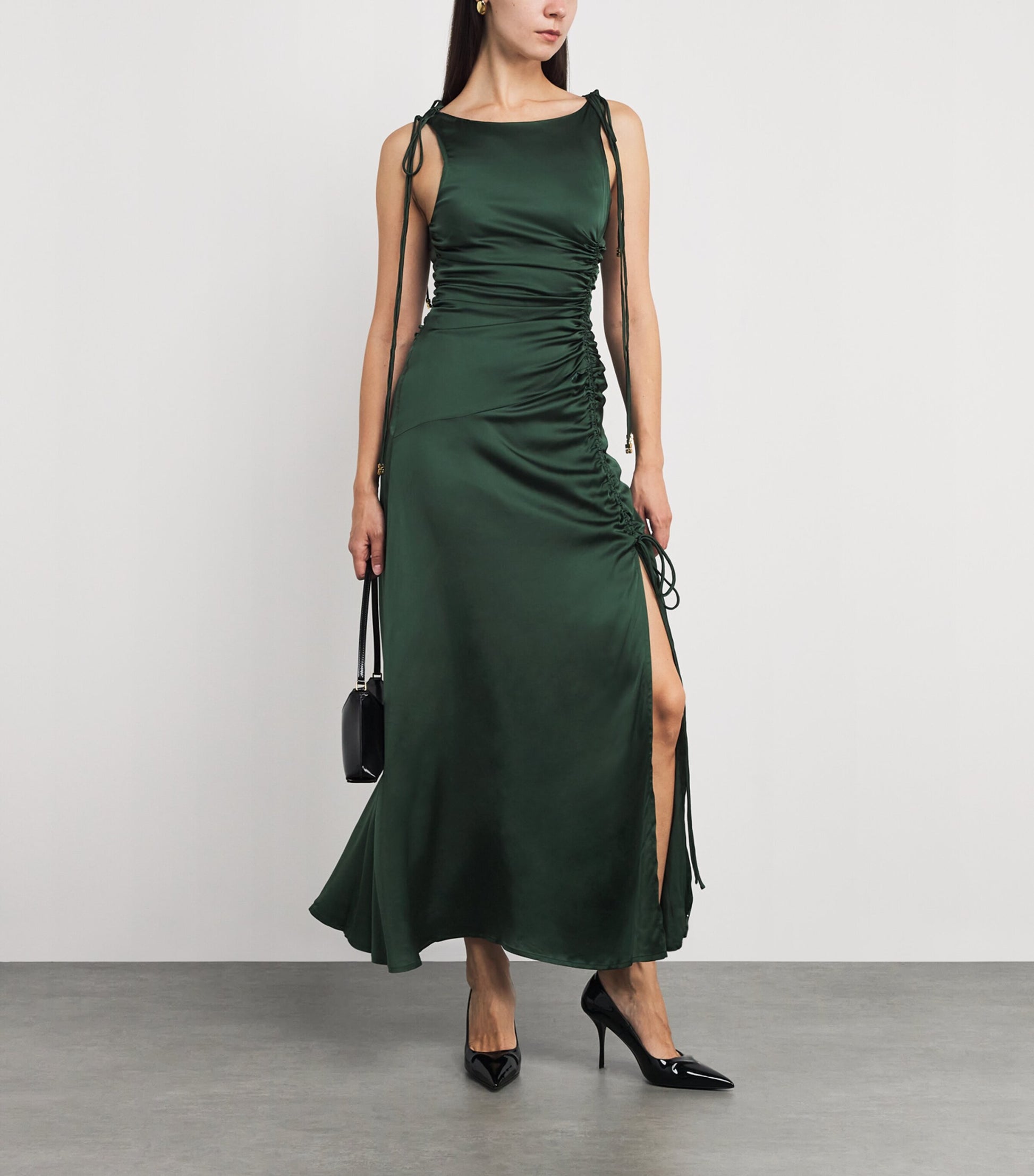 GANNI Green Satin Ruched Maxi Dress