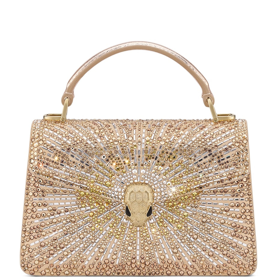 Gold Mini Crystal-Embellished Suede Serpenti Forever Top-Handle Bag