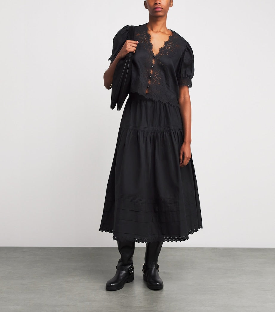 Black Ramie Lace-Trim Idella Blouse