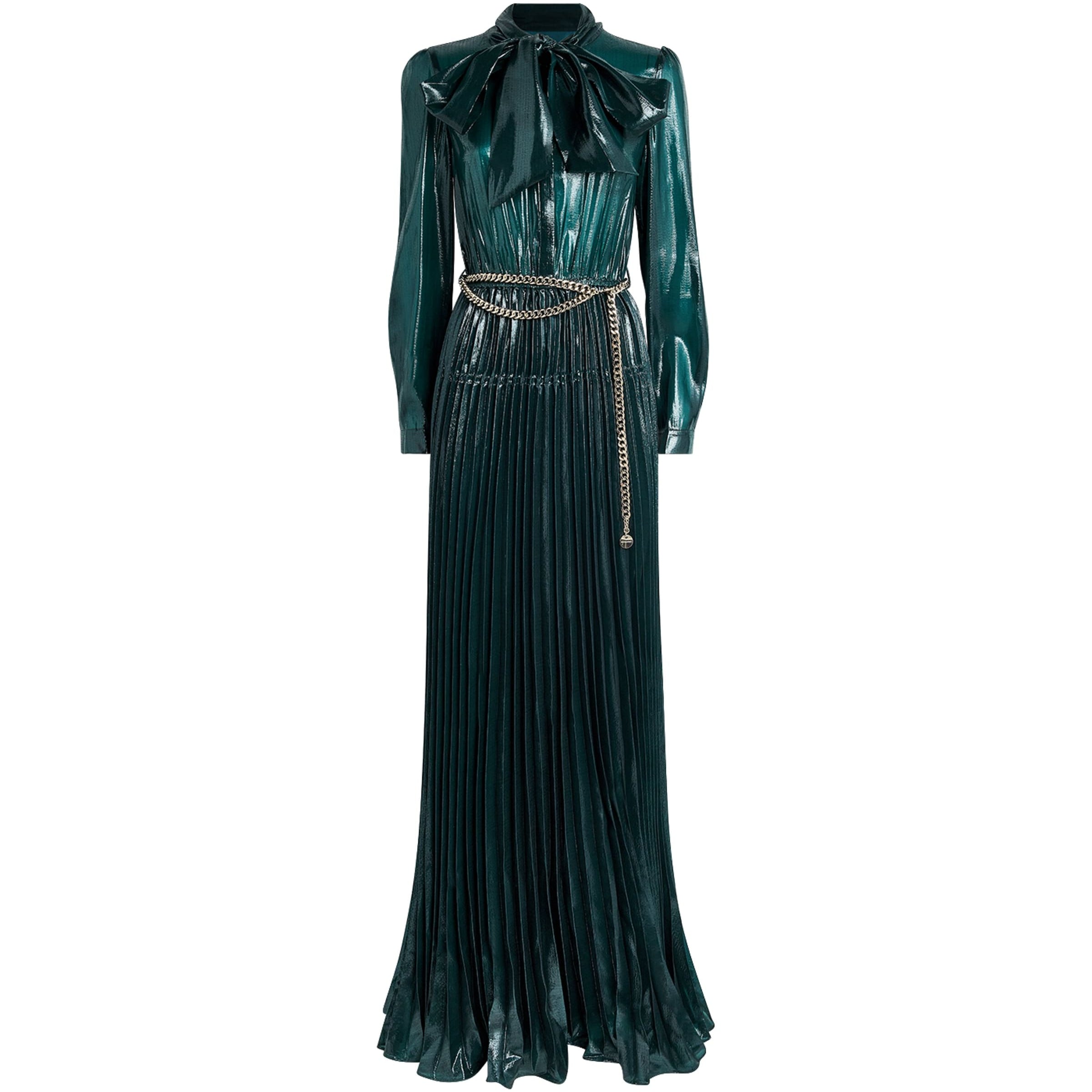 Self-Portrait Green Metallic Pussybow Maxi Dress