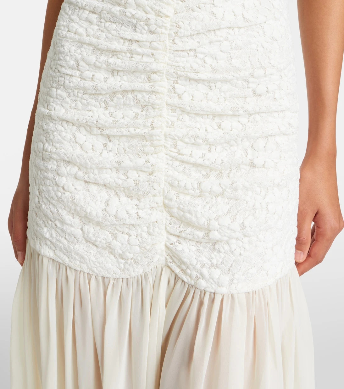 Rotate - Ruched lace-trimmed maxi dress