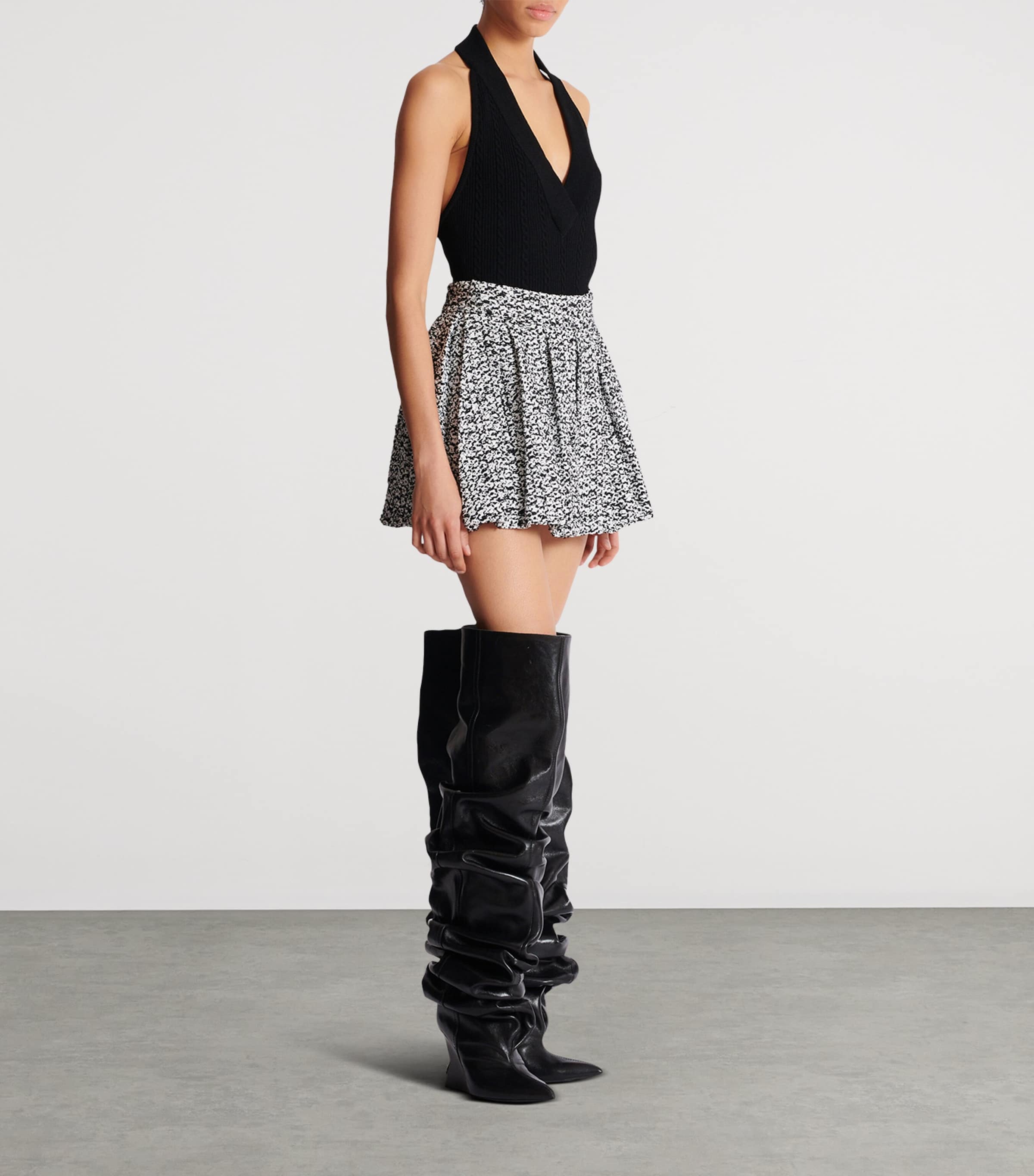 Balmain Black Tweed Pleated Mini Skirt