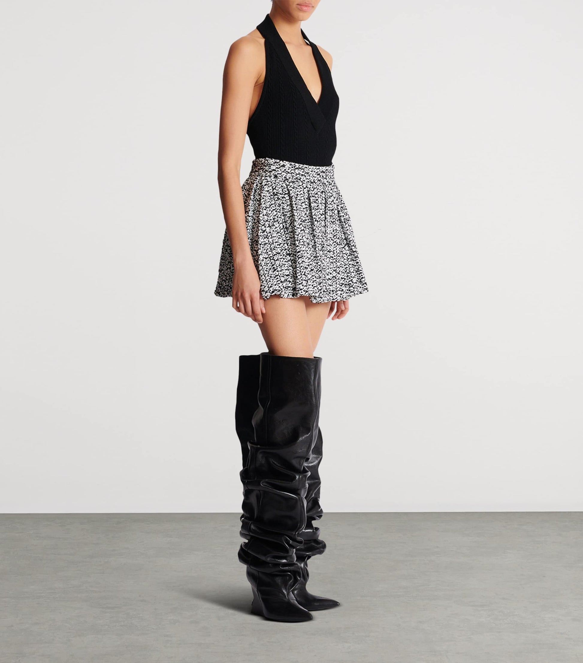 Balmain Black Tweed Pleated Mini Skirt