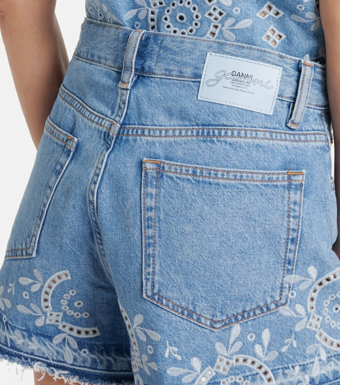 Ganni - Broderie anglaise denim shorts