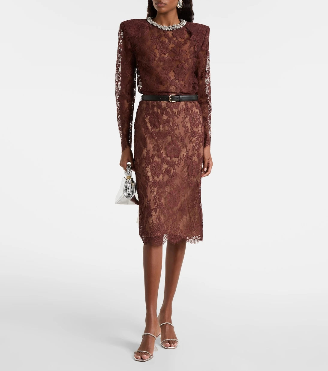 Self-Portrait - Belted floral lace midi skirt