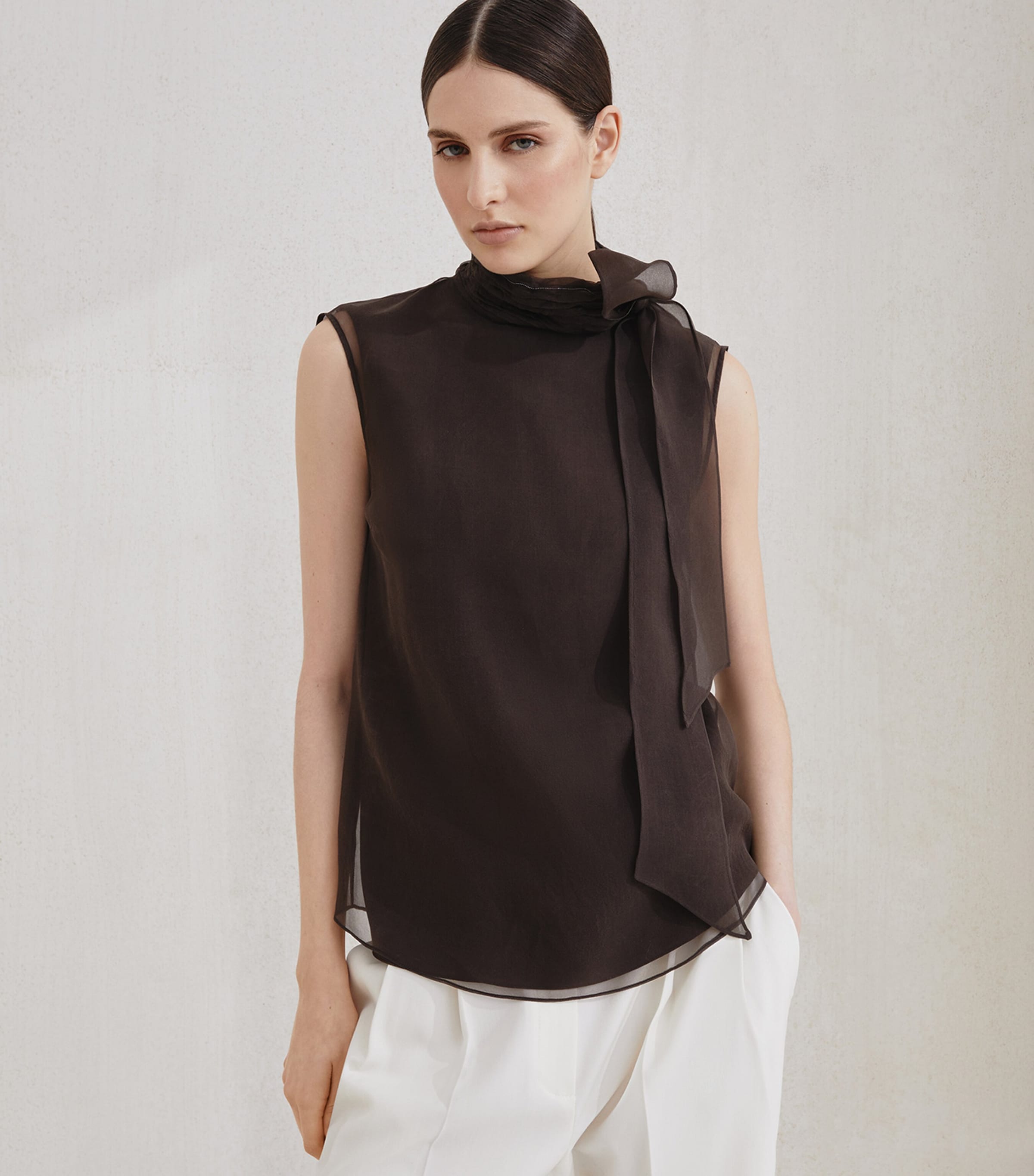 Brunello Cucinelli Brown Silk Pussybow Sleeveless Top