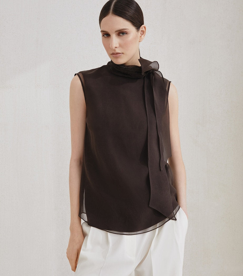 Brunello Cucinelli Brown Silk Pussybow Sleeveless Top
