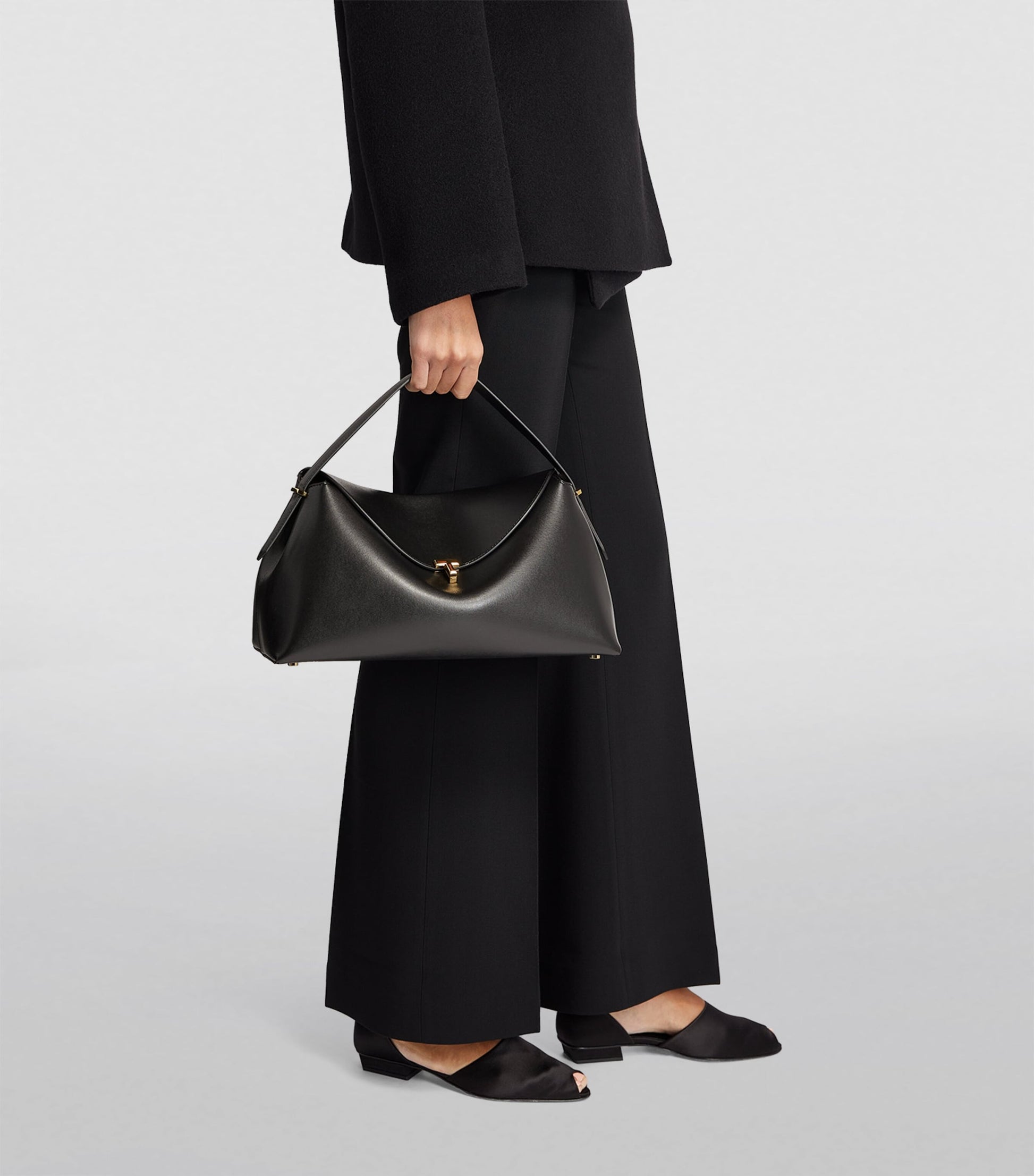 Black Leather T-Lock Top-Handle Bag