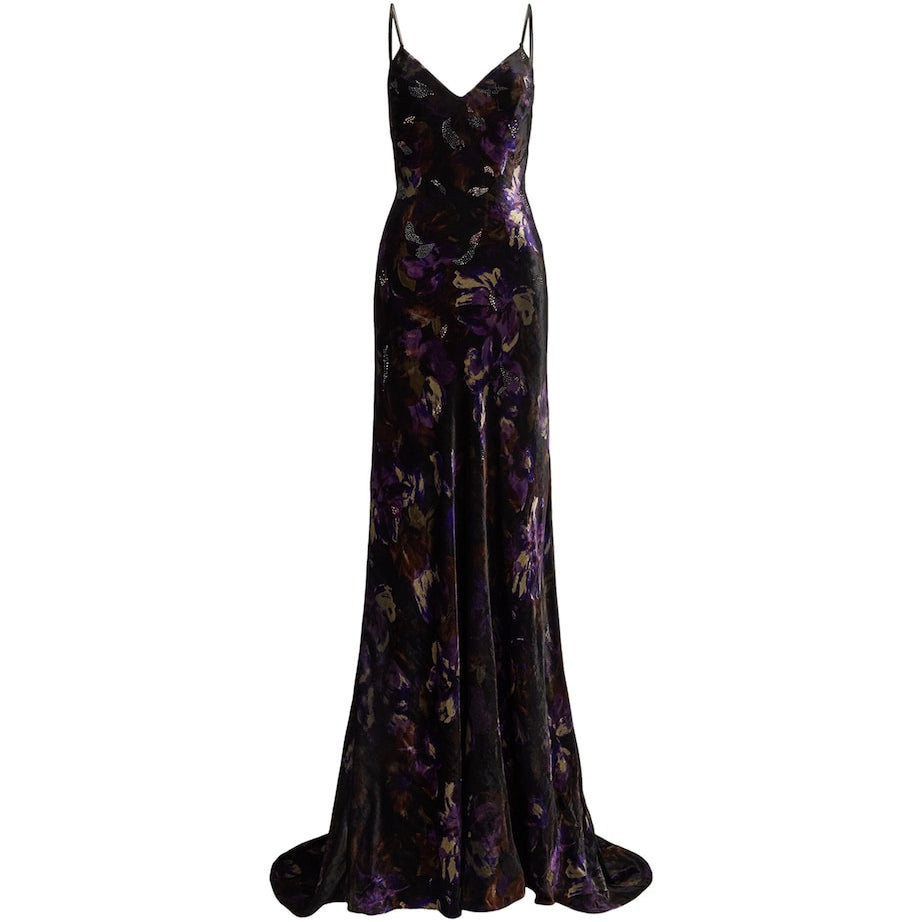 Black Velvet Embellished Floral Evening Dress