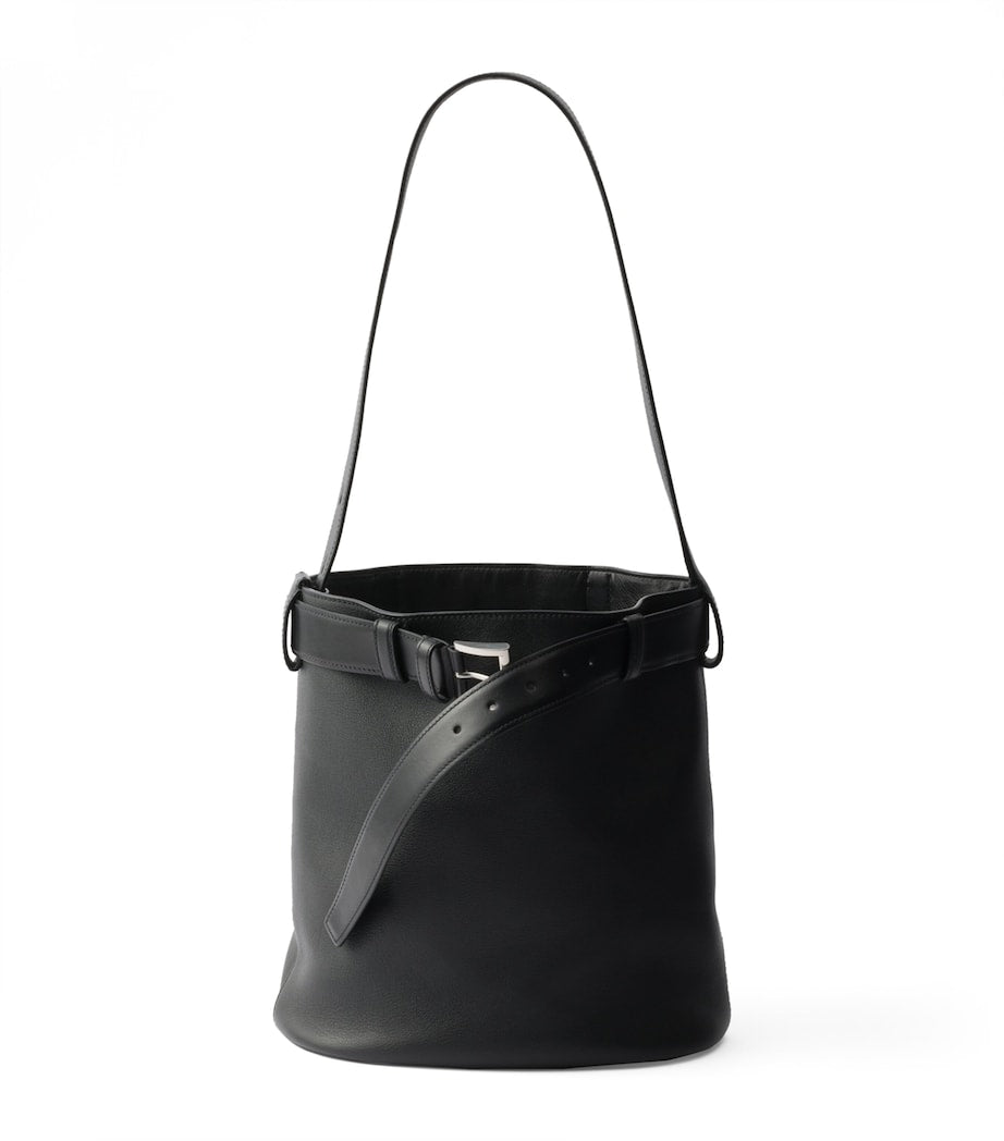 Black Leather Buckled Bucket Bag
