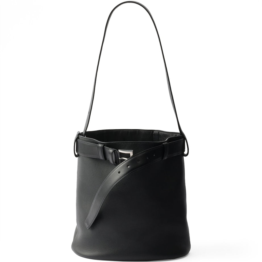 Black Leather Buckled Bucket Bag