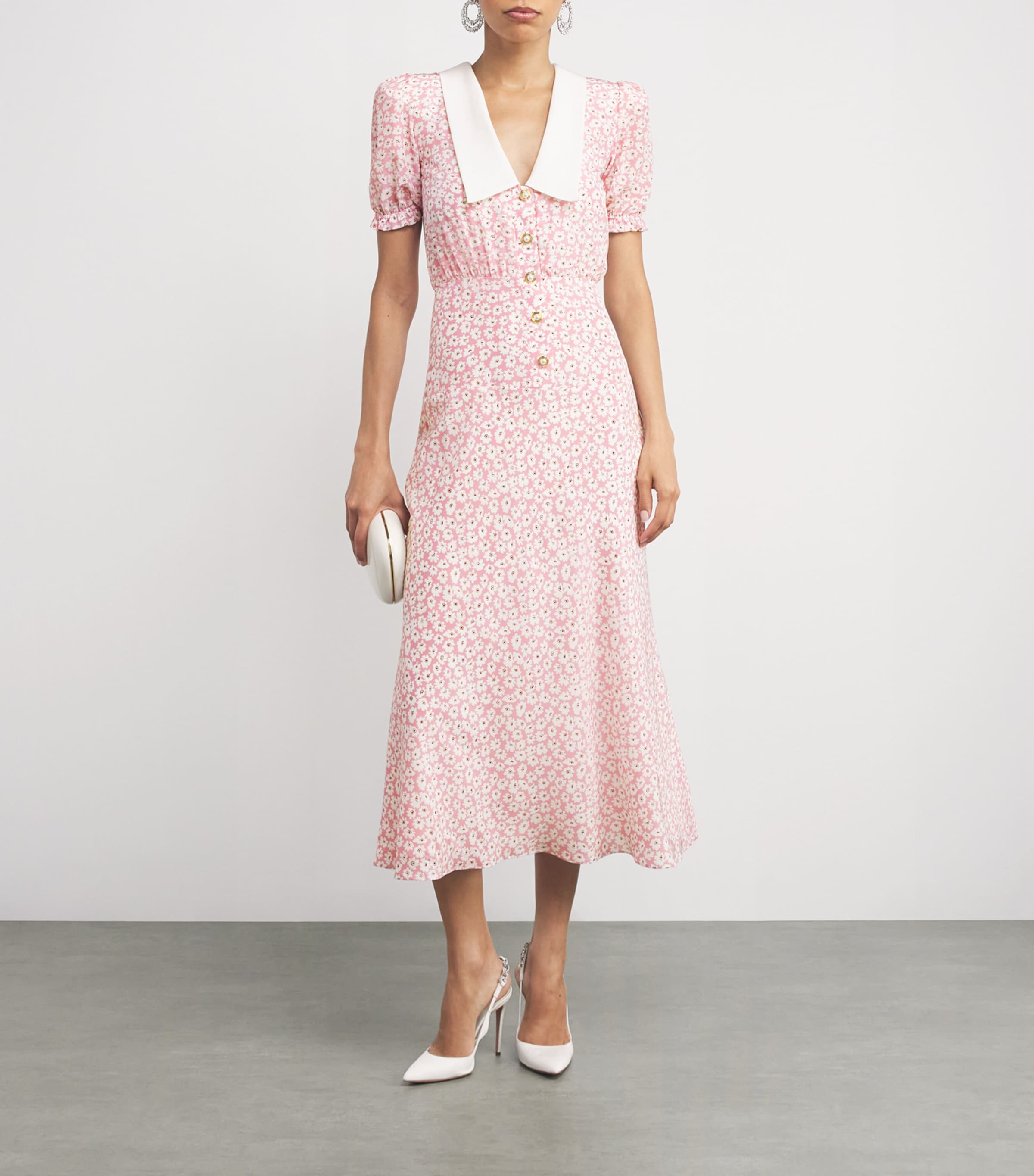 Alessandra Rich Pink Silk Floral Collar Midi Dress