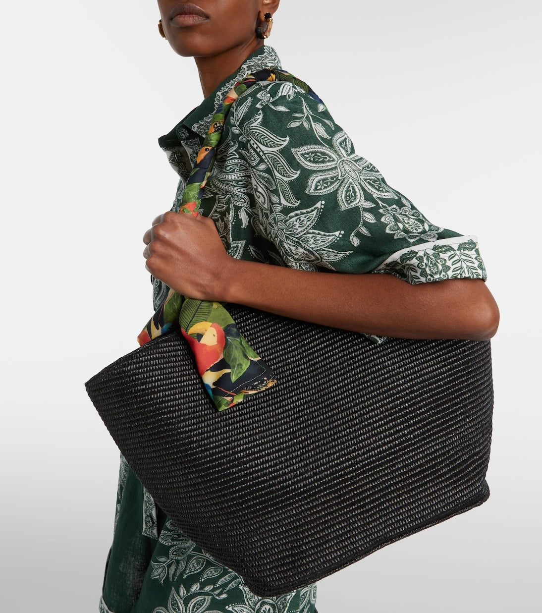 Farm Rio - Basket Medium silk-trimmed raffia tote bag
