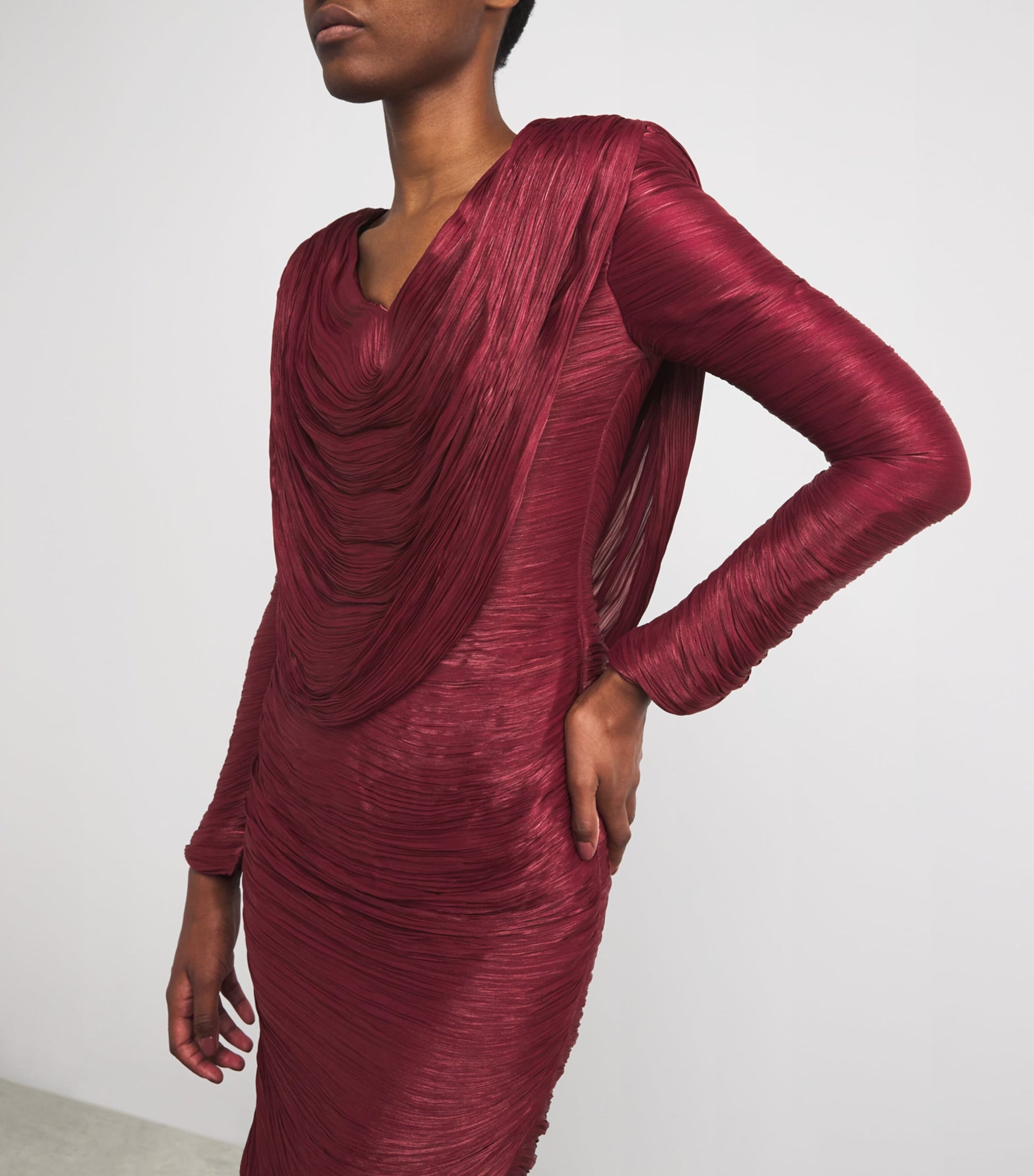 Marmar Halim Burgundy Ruched V-Neck Gown