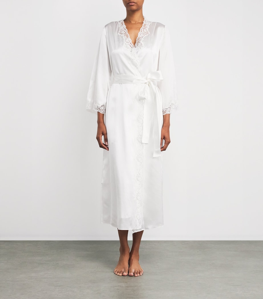 Gilda & Pearl Ivory Silk Lace-Trim In My Boudoir Long Robe