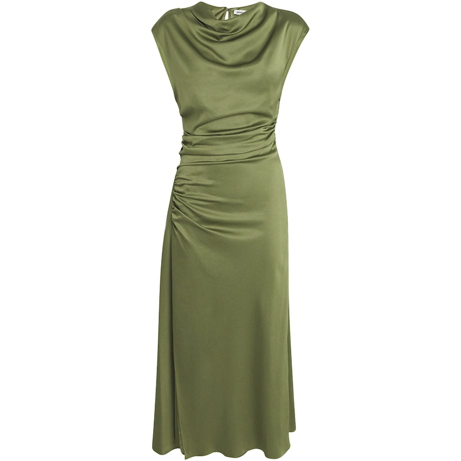 Green Satin Ruched Burke Midi Dress