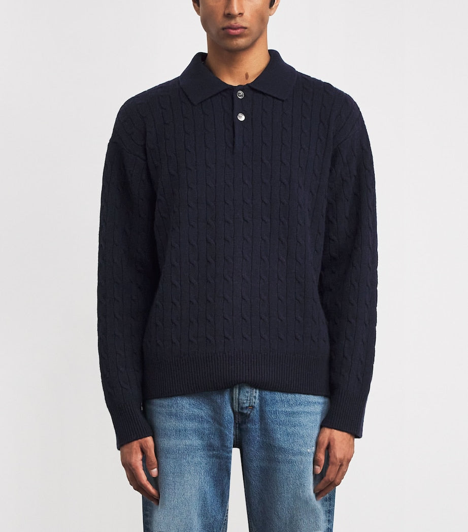 FRAME Navy Wool-Cashmere Polo Sweater