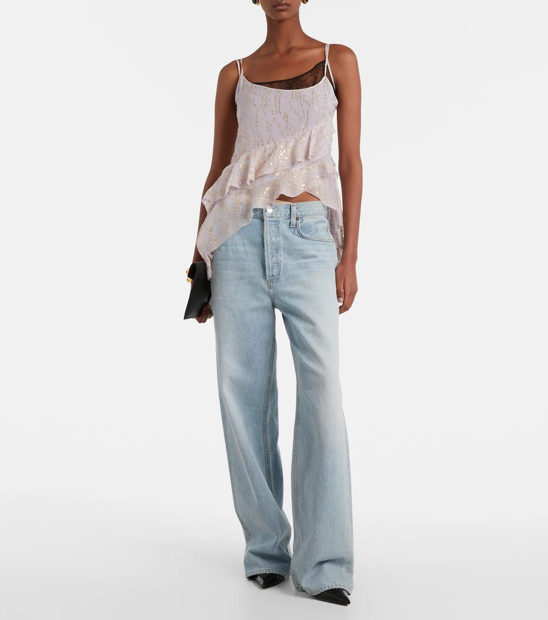 Jacques Wei - Printed ruffled asymmetric silk-blend top