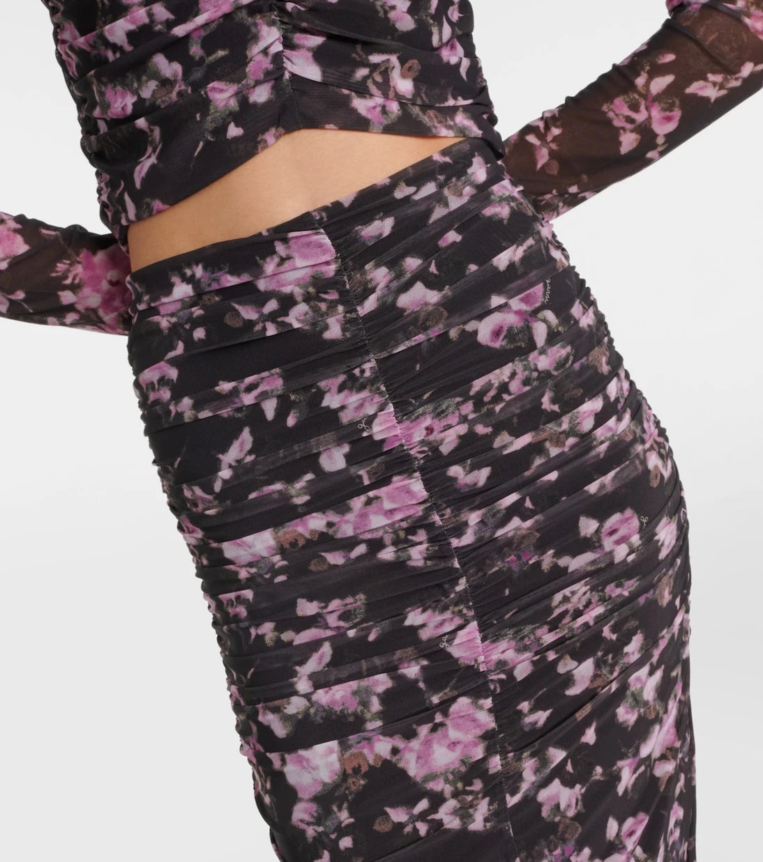 Ganni - Floral ruched mesh midi skirt
