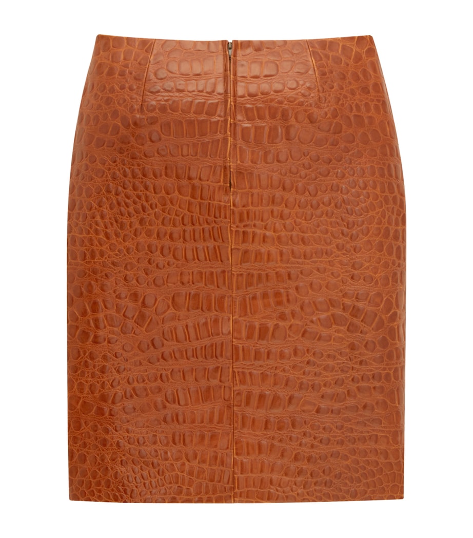 Saint Laurent Brown Leather Croc-Embossed Mini Pencil Skirt