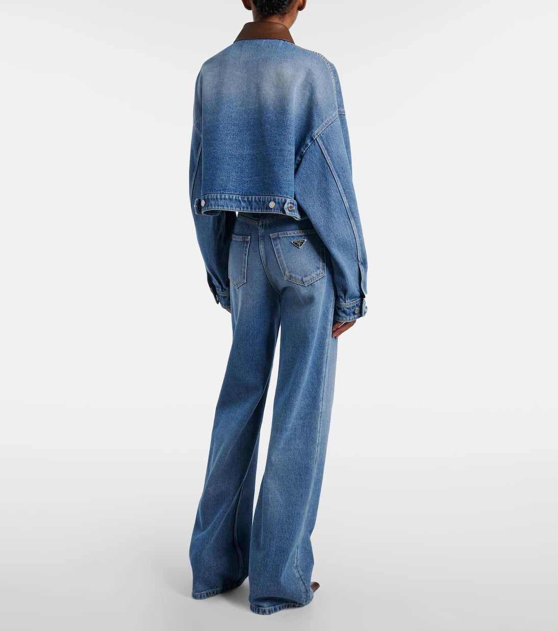 Prada - Leather-trimmed cropped denim jacket