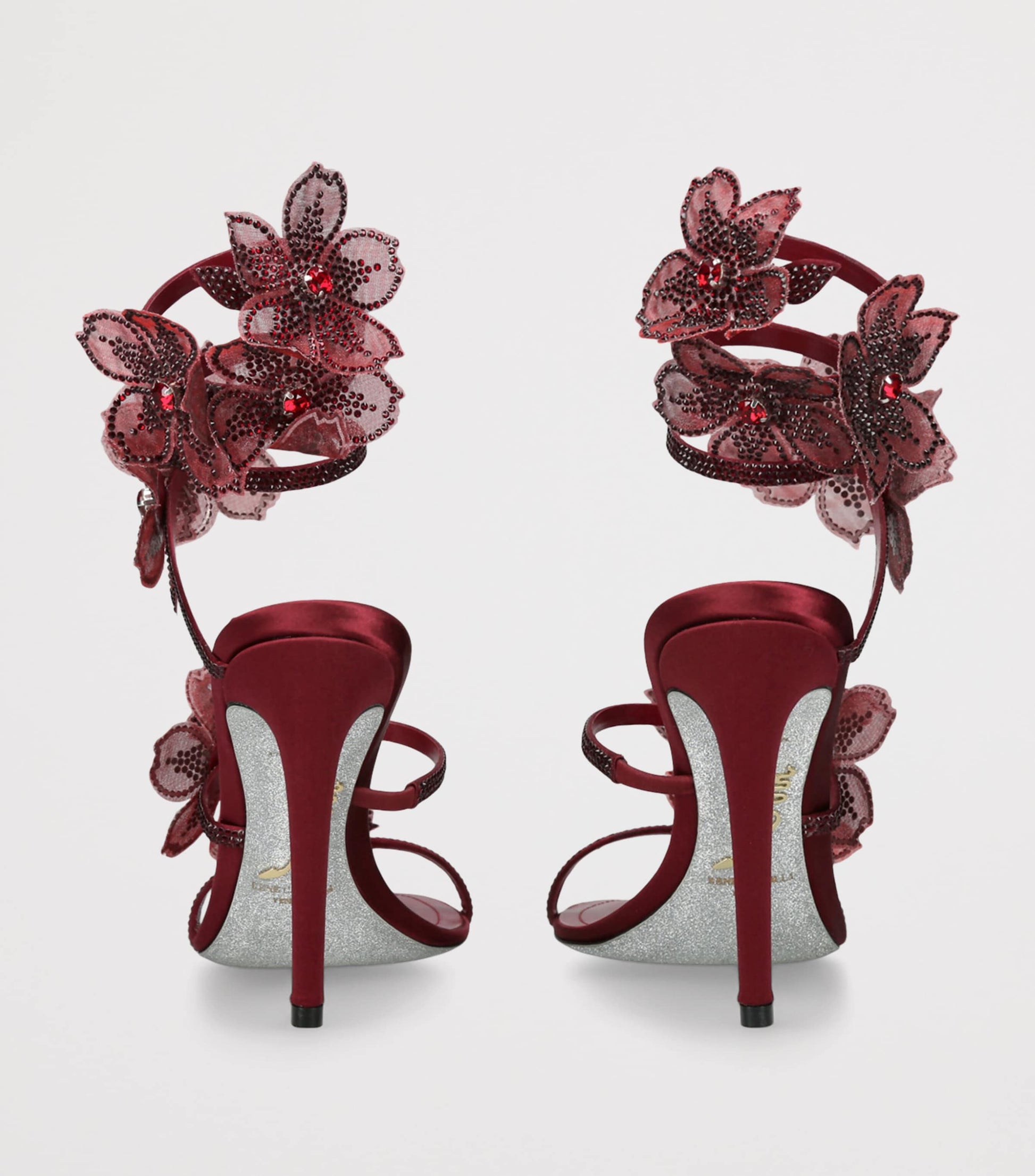 René Caovilla Burgundy Satin Floral Cleo Sandals 105