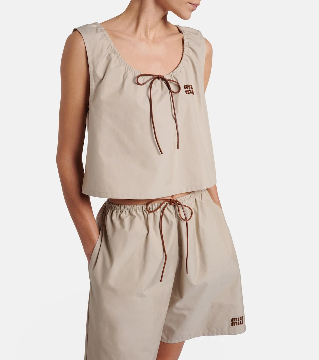 Miu Miu - Leather-trimmed cotton-blend crop top