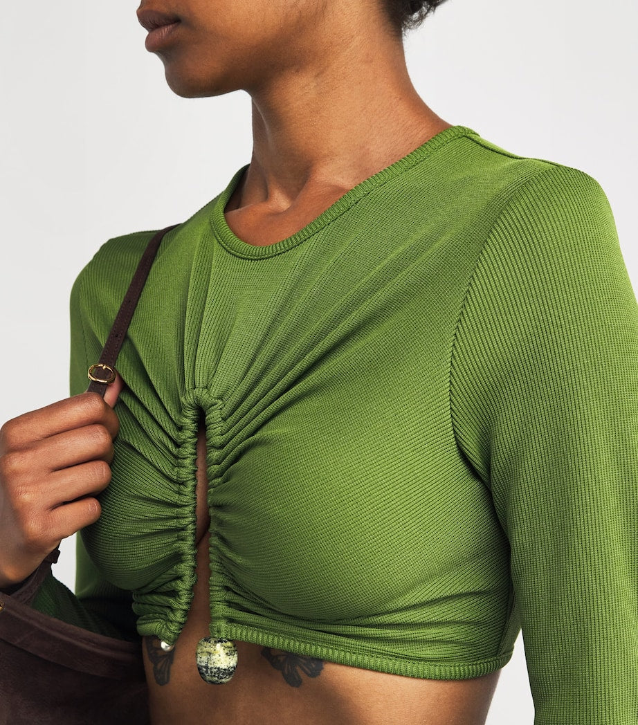 Green Pin-Gathered Crop Top