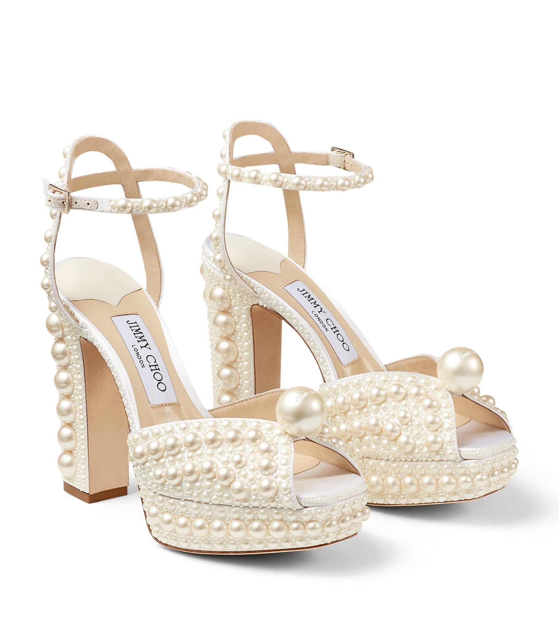 Jimmy Choo White Sacaria 120 Pearl-Embellished Satin Platform Sandals