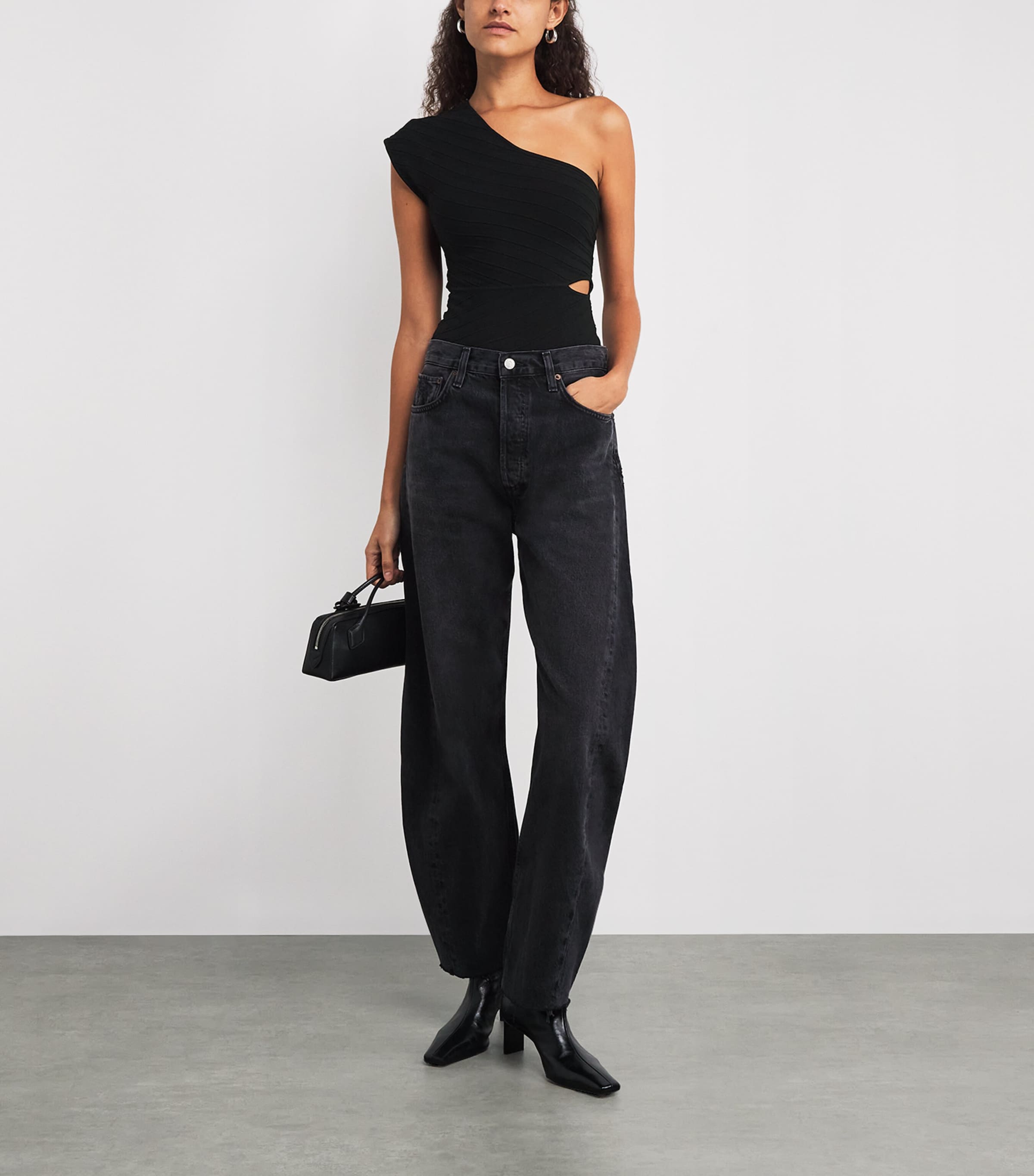 Rib-Knit Asymmetric Bodysuit BLACK