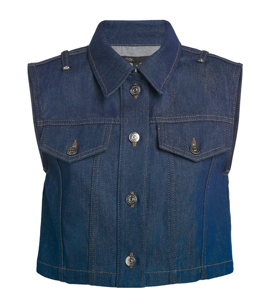 Blue Cropped Sleeveless Denim Jacket