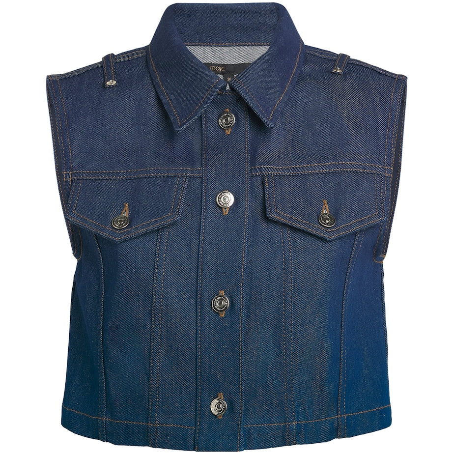 Blue Cropped Sleeveless Denim Jacket