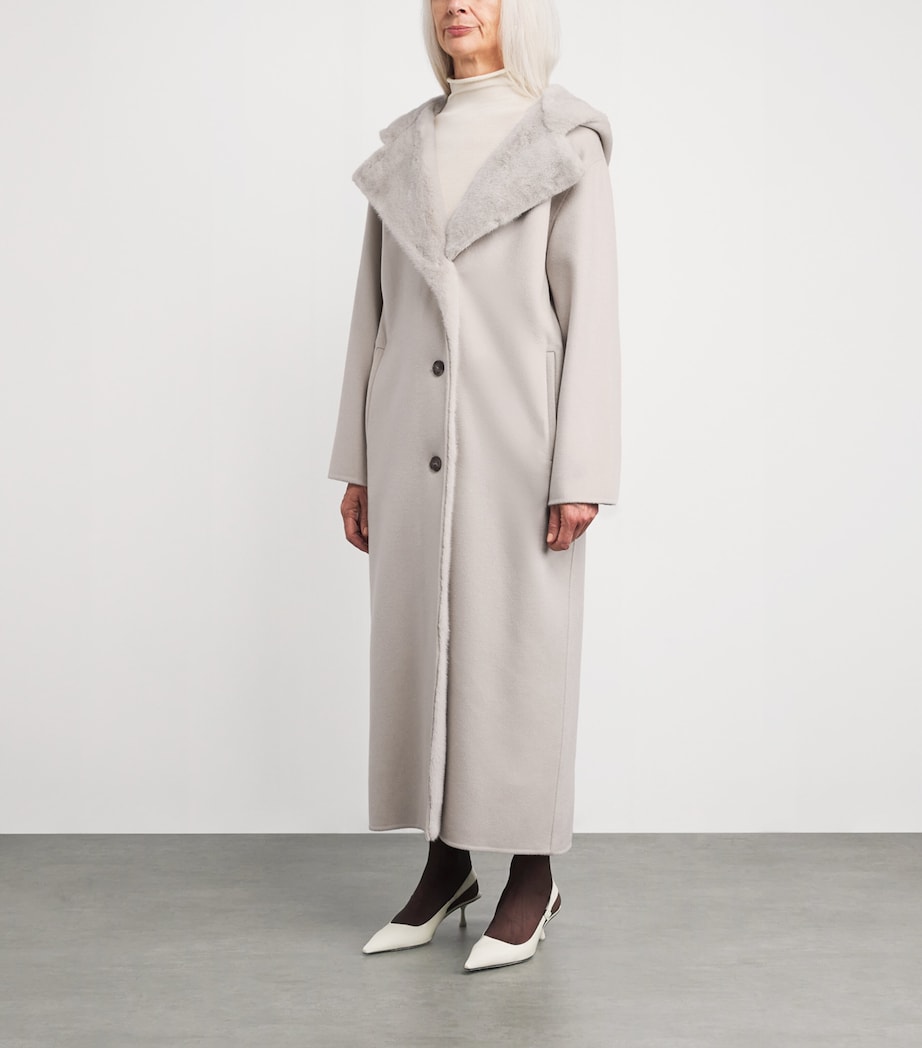 Beige Hooded Mink Fur-Trim Coat