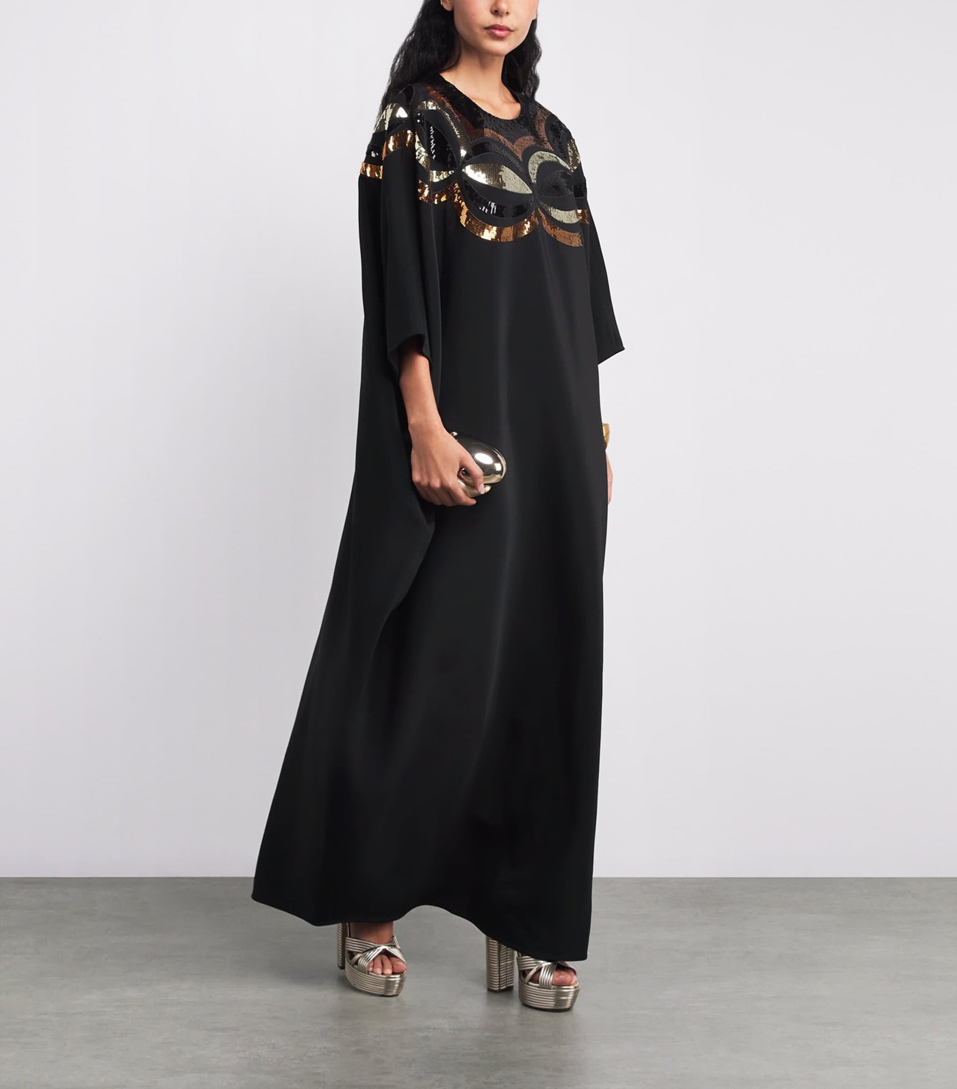 Black Crepe Sequin-Embellished Maxi Kaftan Dress