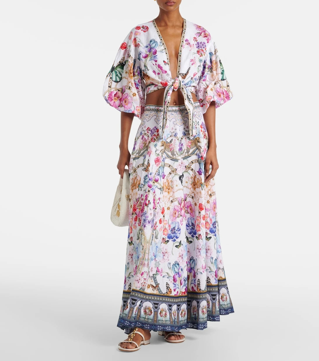 Camilla - Crystal-embellished linen maxi skirt