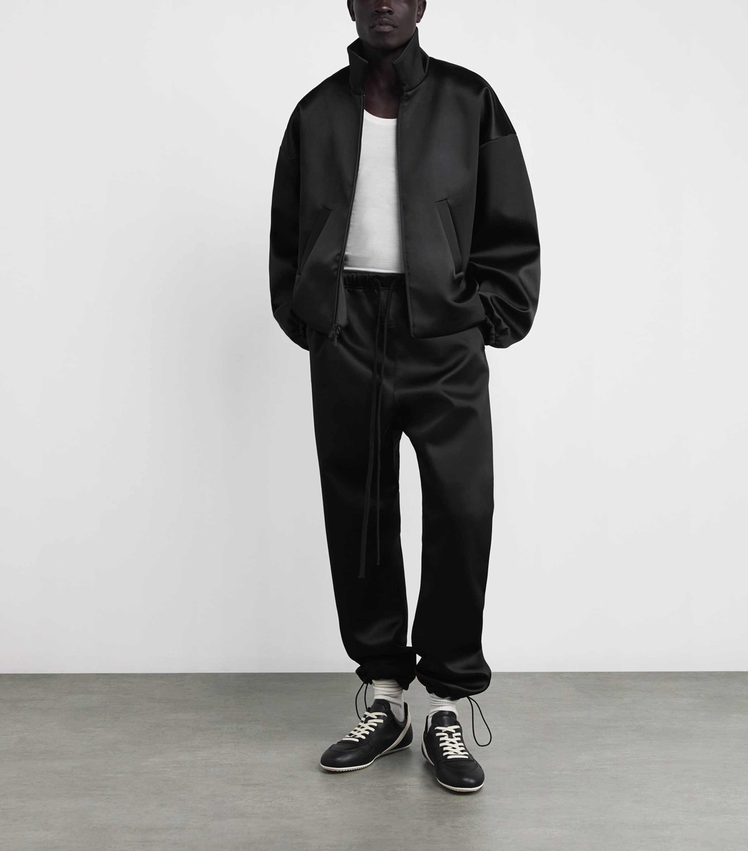 FEAR OF GOD ESSENTIALS Black Bonded Satin Bomber Jacket