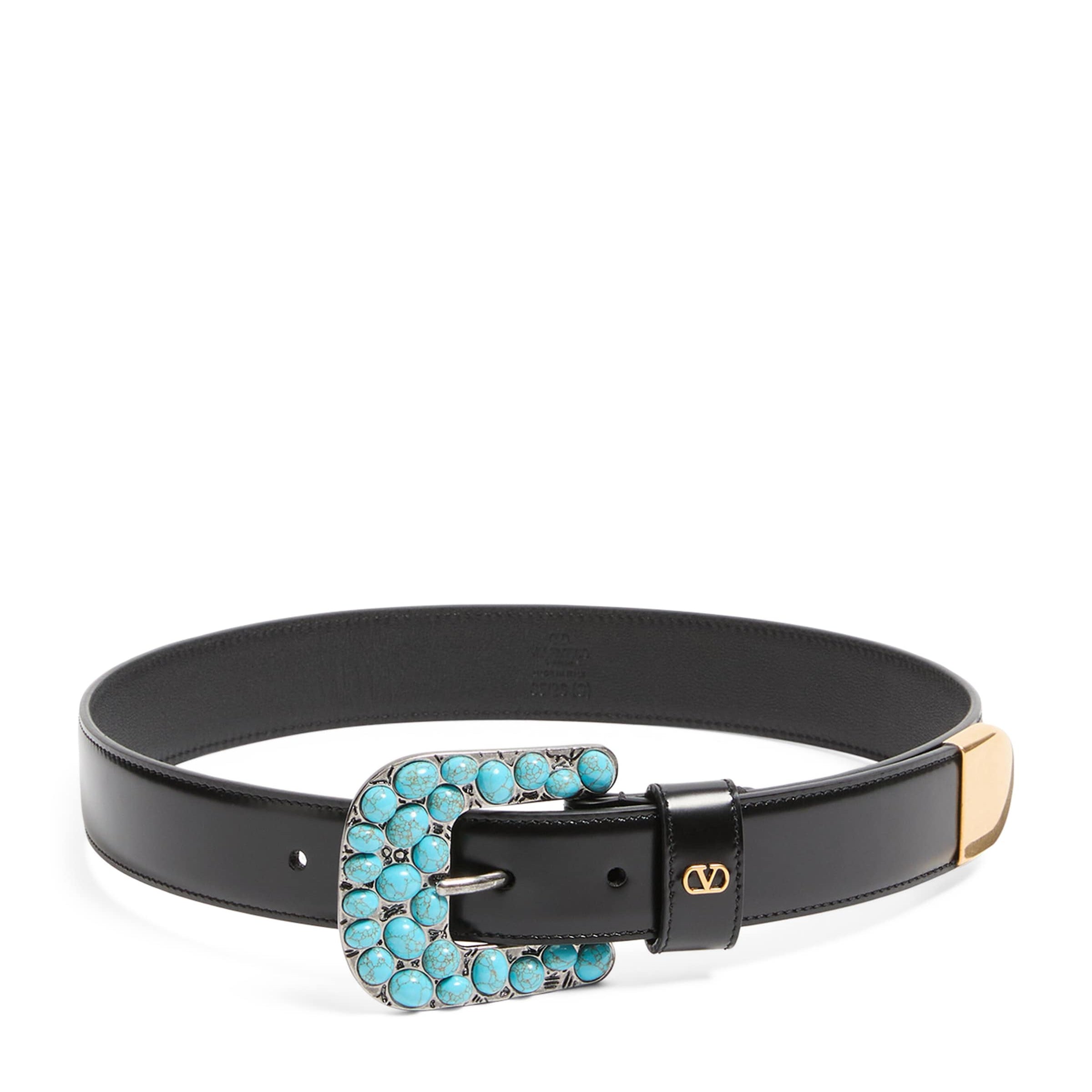 Valentino Garavani Black Leather VLogo Signature Gemstone Belt