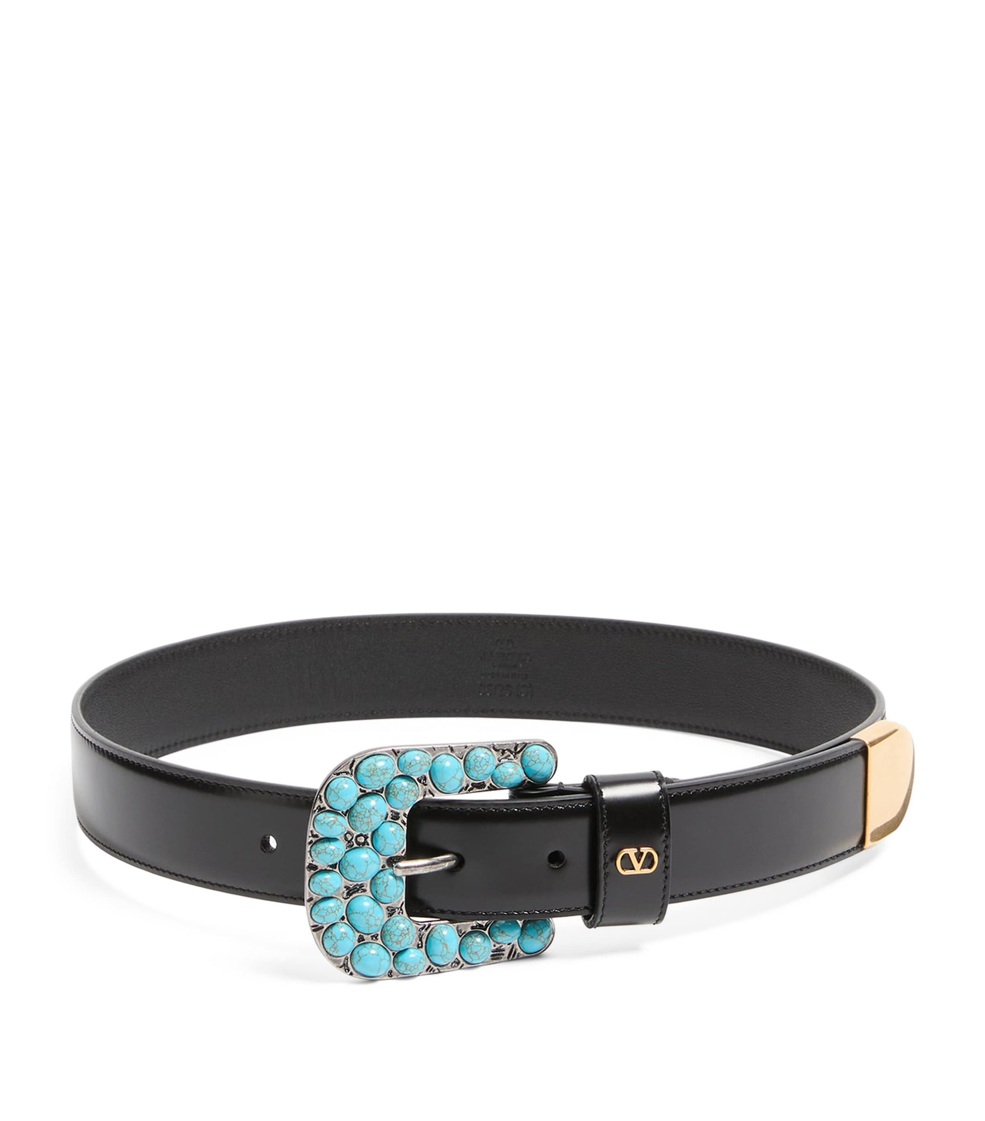 Valentino Garavani Black Leather VLogo Signature Gemstone Belt