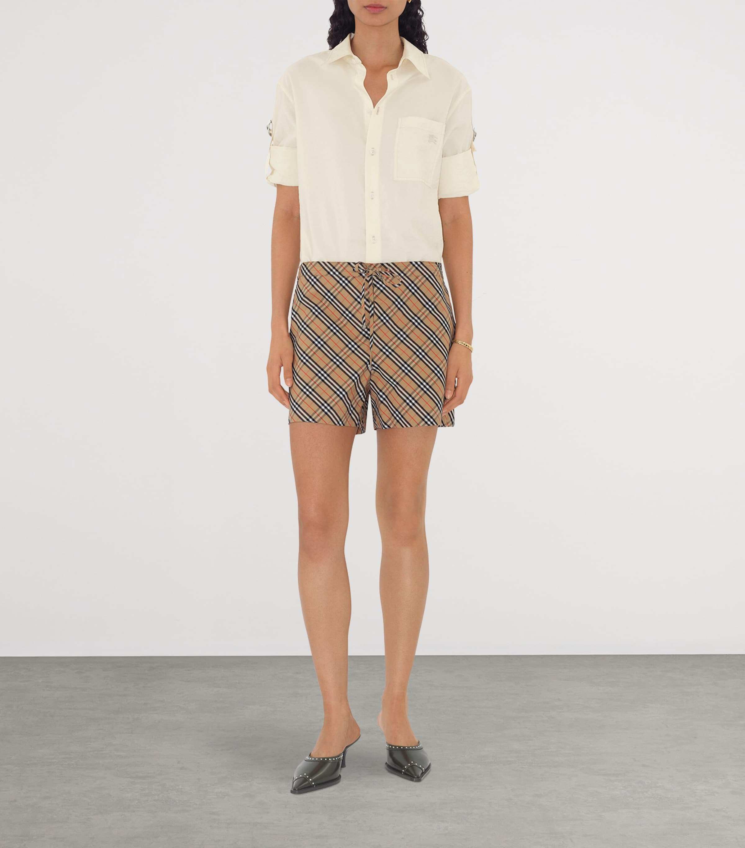 Beige Cotton Check Pyjama Shorts