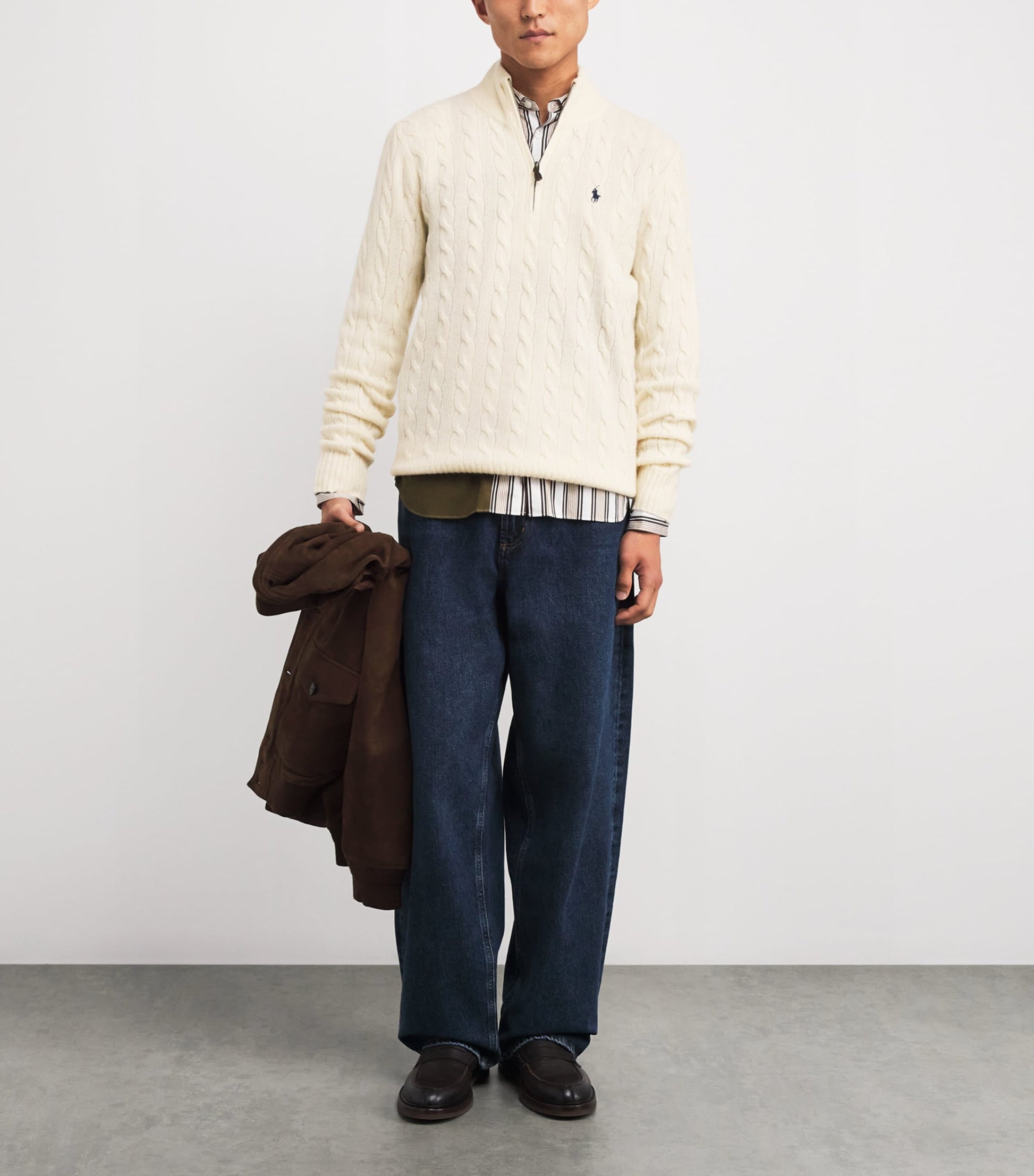 Polo Ralph Lauren White Wool-Cashmere Cable-Knit Quarter-Zip Sweater