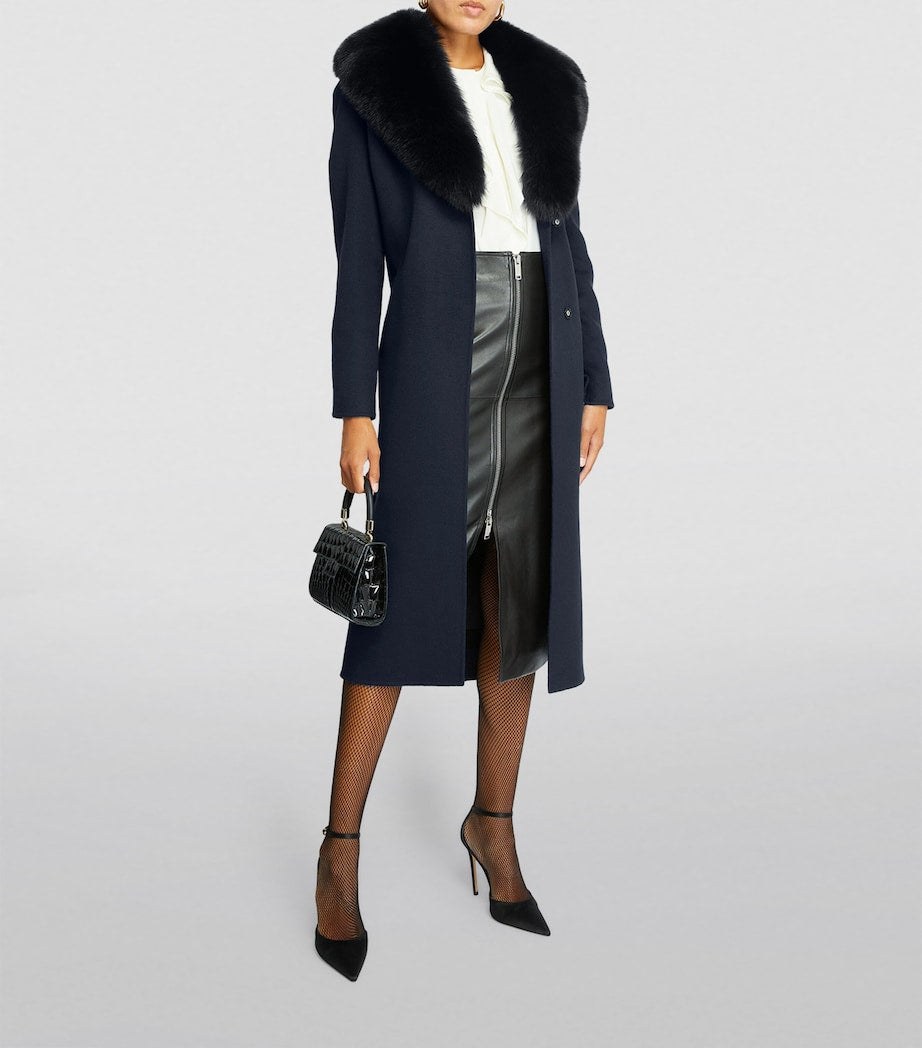 Yves Salomon Blue Cashmere-Wool Fox Fur-Trim Coat