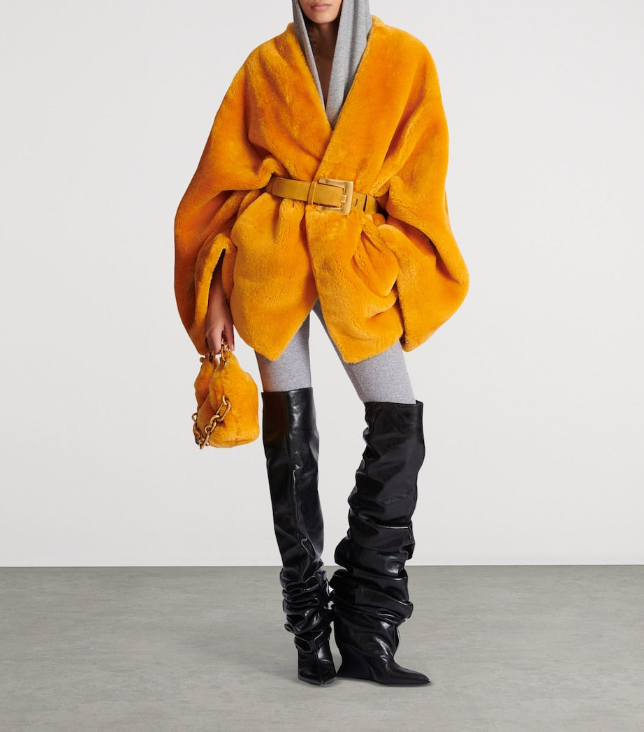 Gold Shearling Belted Wrap Coat