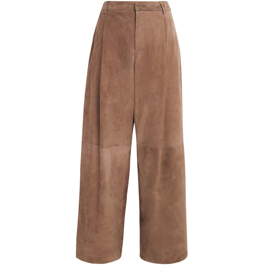 Brown Suede Lambskin Wide-Leg Trousers